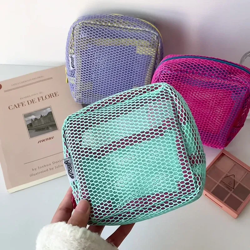 sac cosmétique carré en maille, sac de rangement cosmétique carré portable avec fermeture éclair, sac de range