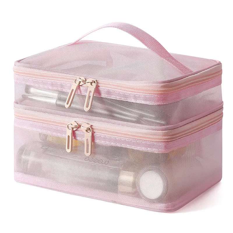 sac de rangement de cosmétiques de voyage à 2 couches, pochette de rangement transparente en maille pliante à fermeture éclair, sac de kit de lavage de maquillage de grande capacité 2025