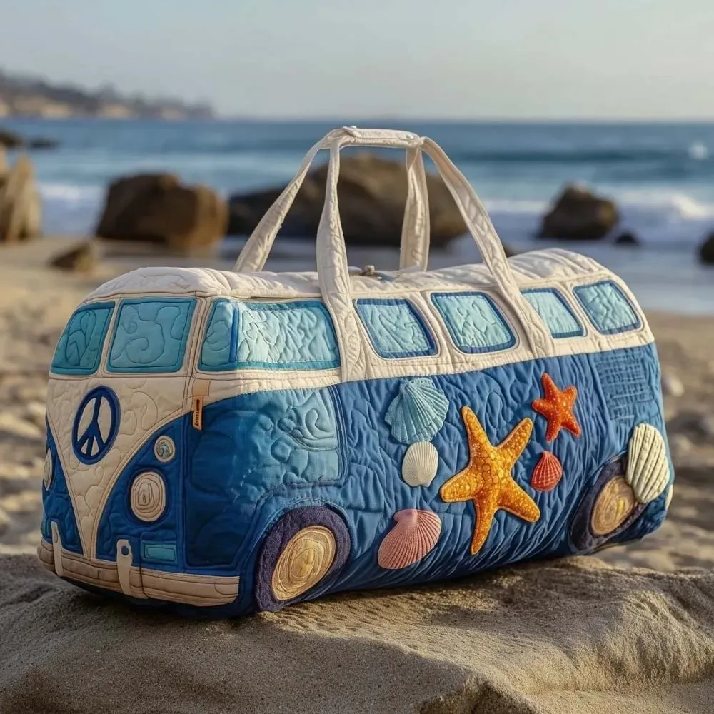 sac de voyage matelassé grande capacité imprimé motif bus, en tissu doux et léger, avec fermeture éclair durable