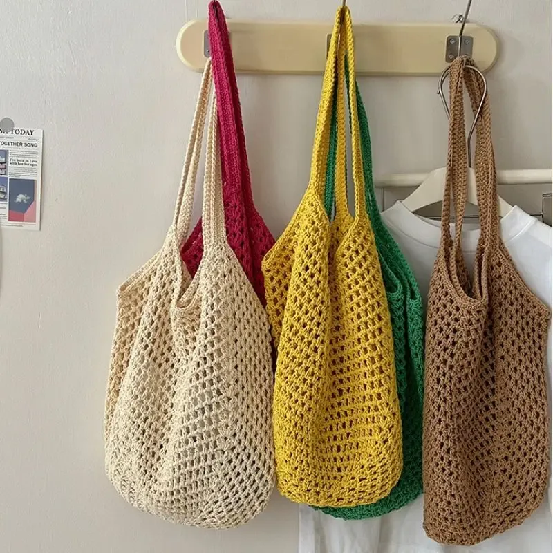 nouveau sac à bandoulière décontracté en coton tricoté grande capacité, style paresseux, avec motif ajouré en paille, pour femme, idéal pour les vacances et la plage