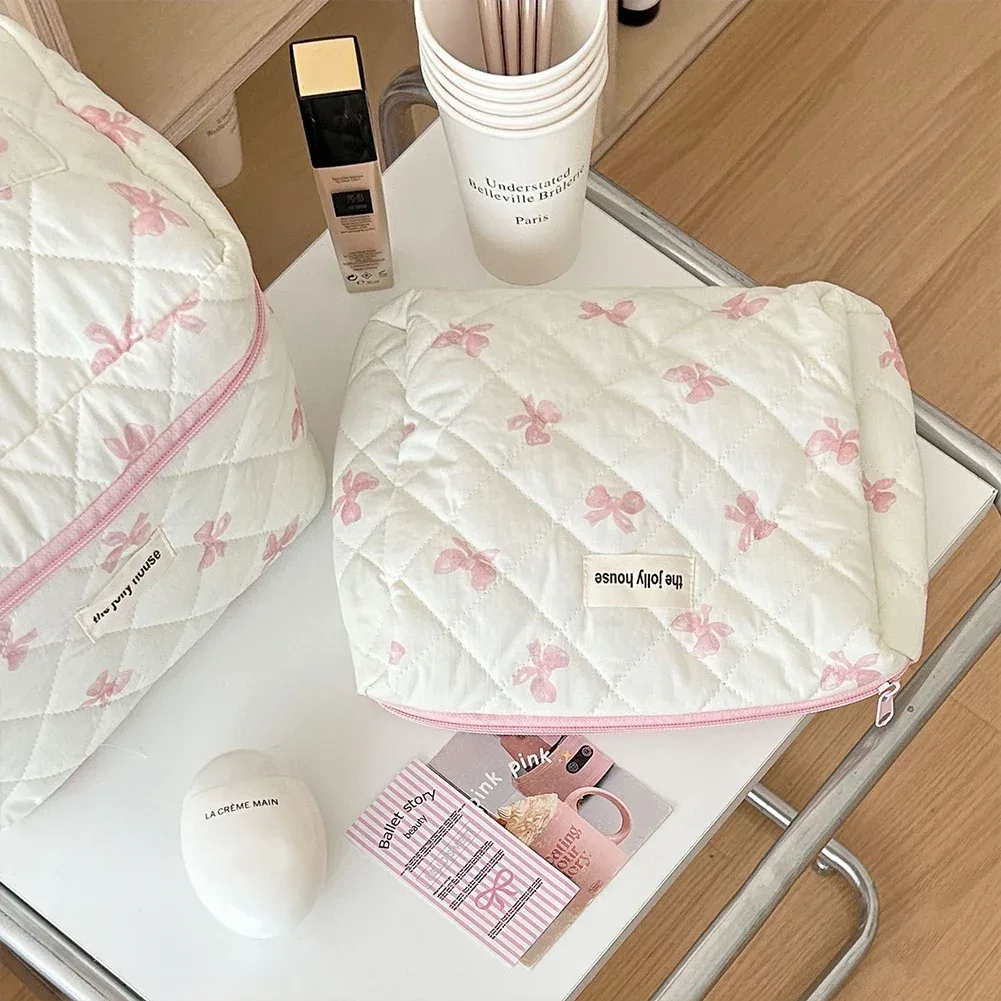 trousse de maquillage en coton matelassé pour femmes, trousse de toilette portable pour filles, trousse de maquillage à fermeture éclair, trousse de toilette à nœud mignon, sac à main pour gril à fleurs