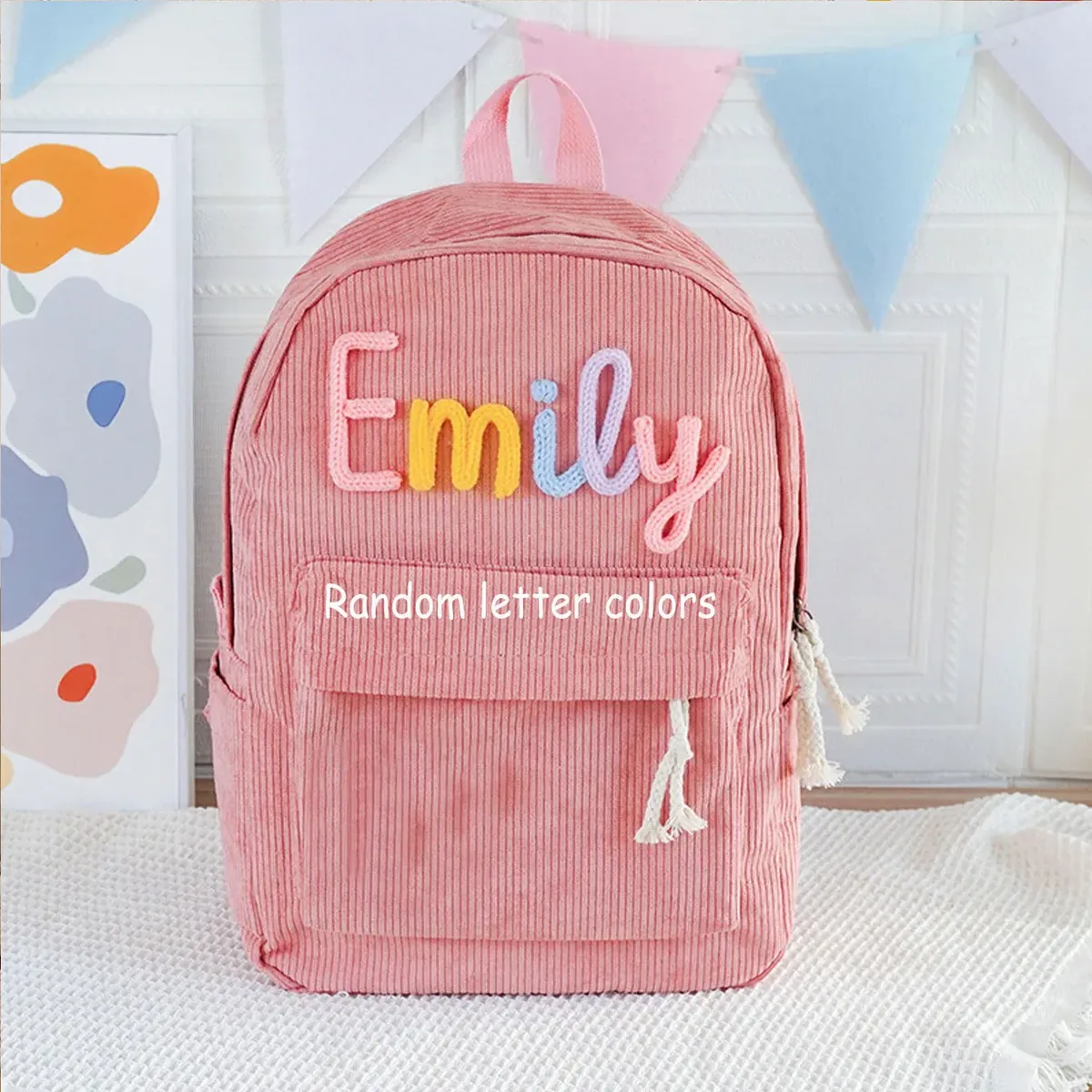 sac à dos personnalisé en velours côtelé pour hommes et femmes, lettres brodées à la main, sac à dos en tissu coloré, 1 pièce