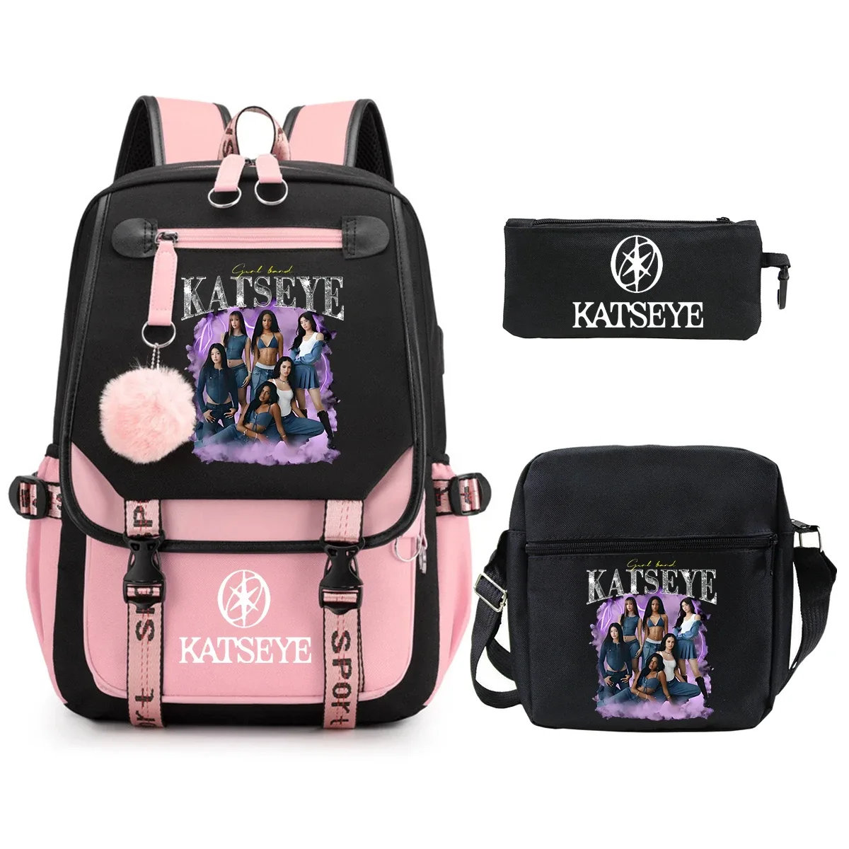 nouveau sac à dos kpop katseye pour filles, ensemble de 3 pièces, sacs d'école pour enfants, sac à déjeuner, trousse à crayons, sac d'école imprimé katseye, sac de voyage