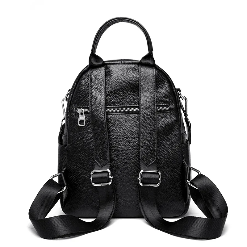 sac à dos tendance en cuir de vachette première couche, sac pour femme en cuir véritable noir style multi-portage, sac à dos décontracté multi-compartiments pour trajets quotidiens