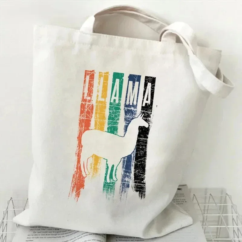 sac à main à motif d'alpaga mignon, imprimé animal de dessin animé, grande capacité, sac de shopping blanc, sac à bandoulière pour femme