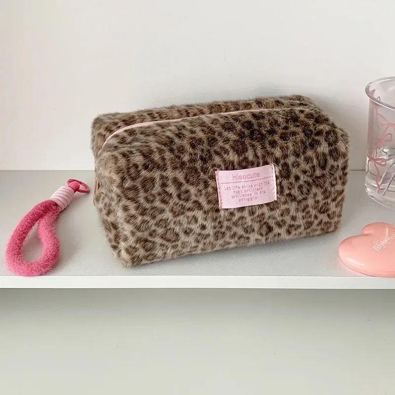 sac de voyage portable en peluche mignon, rose, imprimé léopard, pour écolière, grande trousse de maquillage, sac fourre-tout cosmétique pour femmes
