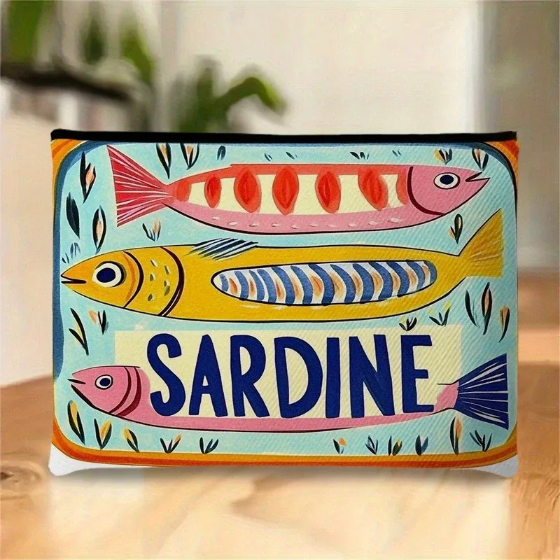 sac de maquillage à motif de sardines ludiques, pochette de rangement de cosmétiques de voyage légère avec fermeture à glissière, design chic décontracté unisexe