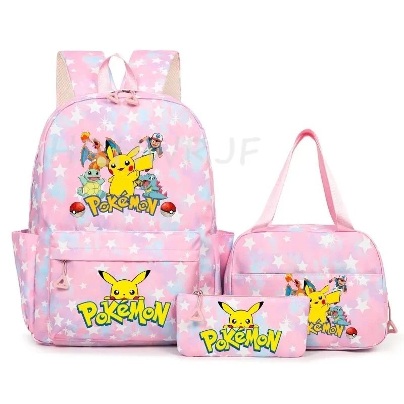 sac à dos pikachu de dessin animé pour femmes, 3 pièces, sacs d'école en nylon pour adolescentes, sac à dos de voyage pour dames, sac à bandoulière