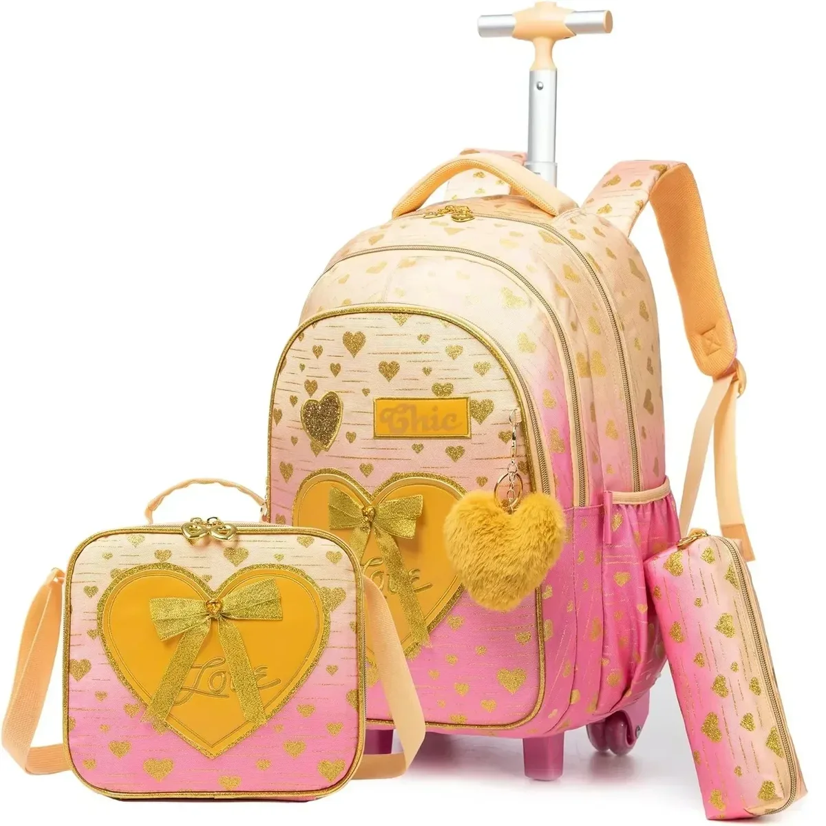 ensemble de sac à dos à roulettes pour enfants avec boîte à lunch, sac à dos scolaire à roulettes, sac à dos trolley pour filles