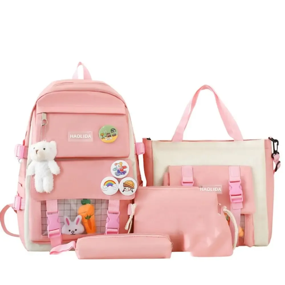 sacs décontractés en nylon de grande capacité, sac à dos à bandoulière avec badge de trajet simple, un ensemble de quatre cartables, sac d'école de style coréen pour enfants