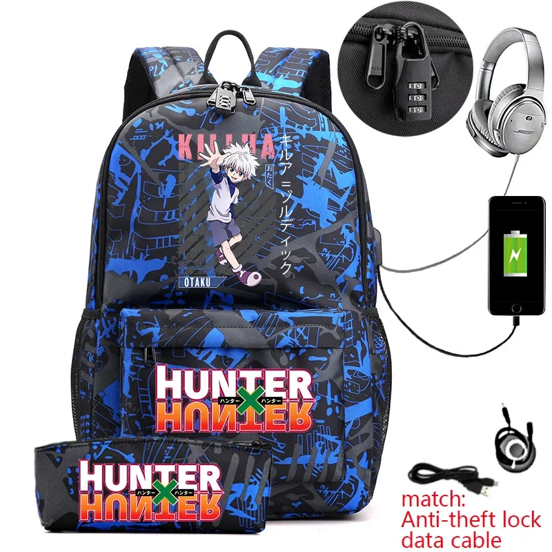 sac à dos hunter x hunter anime pour étudiants, sac à dos antivol décontracté avec trousse à crayons pour garçons et filles, sac d'école