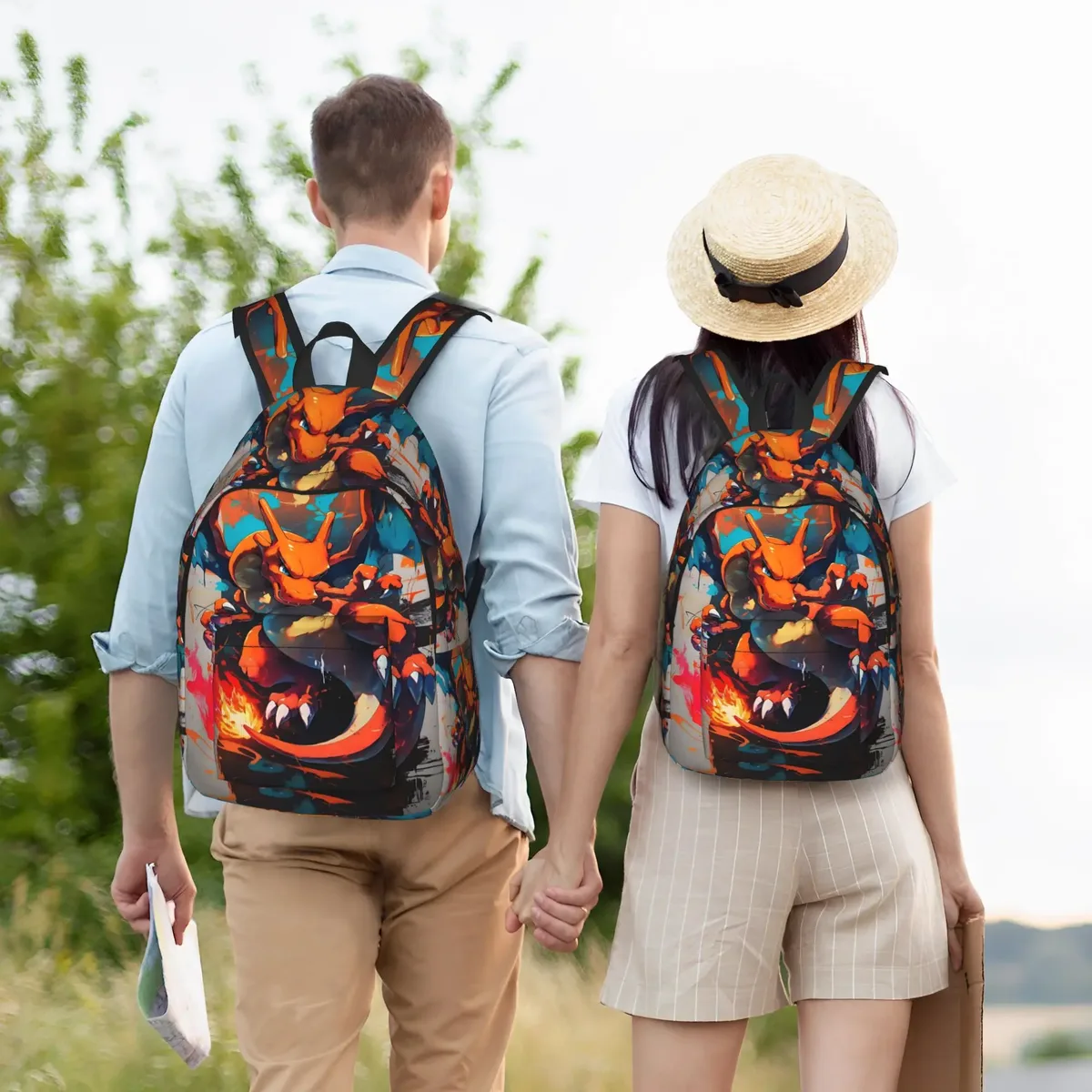 sac à dos à thème pokemon charizard fire blast, design harajuku, pour le travail et le bureau, fermeture à glissière