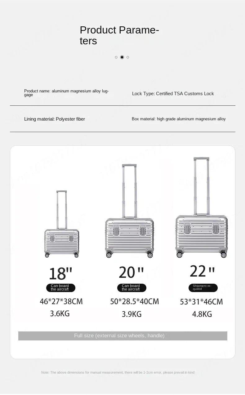 bagage à main moderne en alliage d'aluminium et magnésium, 18/20/22 pouces, approbation de l'air, chariot en aluminium, valise de taille de cabine portable