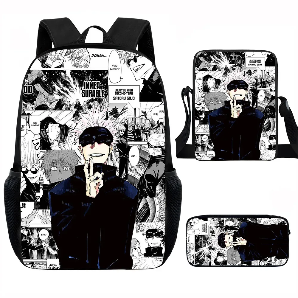 j-jujutsu kaisen 3 pièces ensemble sac à dos 40 cm/15.7 pouces sacs d'école sac à bandoulière trousse à crayons sac de livre d'ordinateur pour garçons filles meilleur cadeau