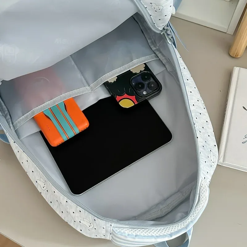 sac à dos rose à pois blancs pour adolescentes, léger et respirant, sac d'étudiant multi-poches, sac de transport imprimé dessin animé