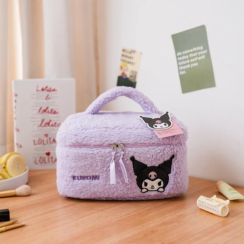 sac de maquillage en peluche sanrio, trousse à cosmétiques hello kitty, étui à crayons transparent, trousse de toilette de voyage brodée imperméable, pochette de maquillage portable