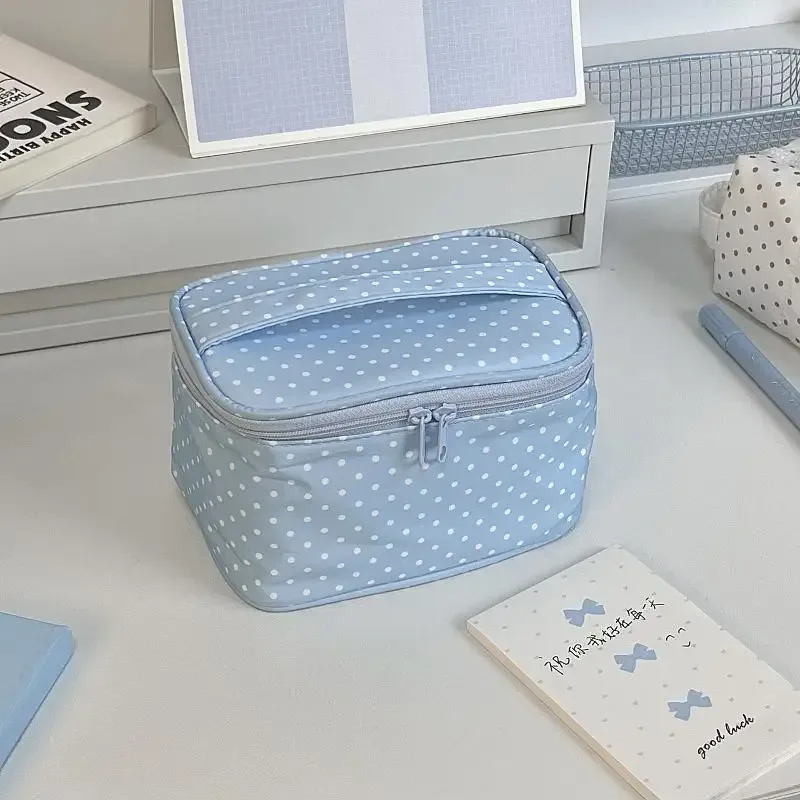 Sac de rangement à motifs de points, trousse à crayons portable de grande capacité, trousse à cosmétiques à double fermeture éclair