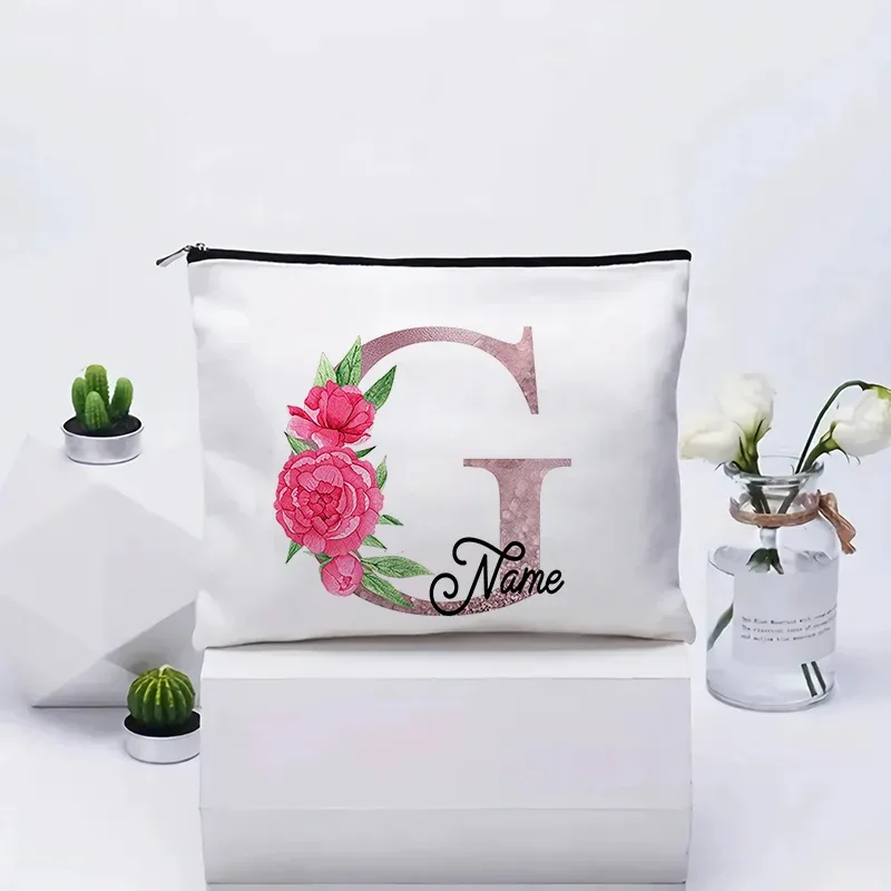 trousse de maquillage personnalisable avec prénom, cadeau de mariage, grande pochette en toile à fermeture éclair, motif floral pivoine, essentiels de voyage, maquillage