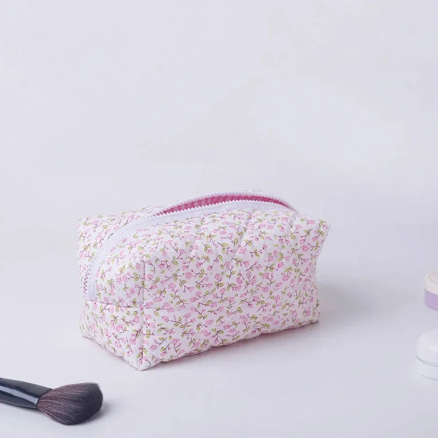 1pc fleur imprimé gonflé matelassé fermeture éclair maquillage sac organisateur de rangement toilette sac à main pochette cosmétique grand voyage sac cosmétique