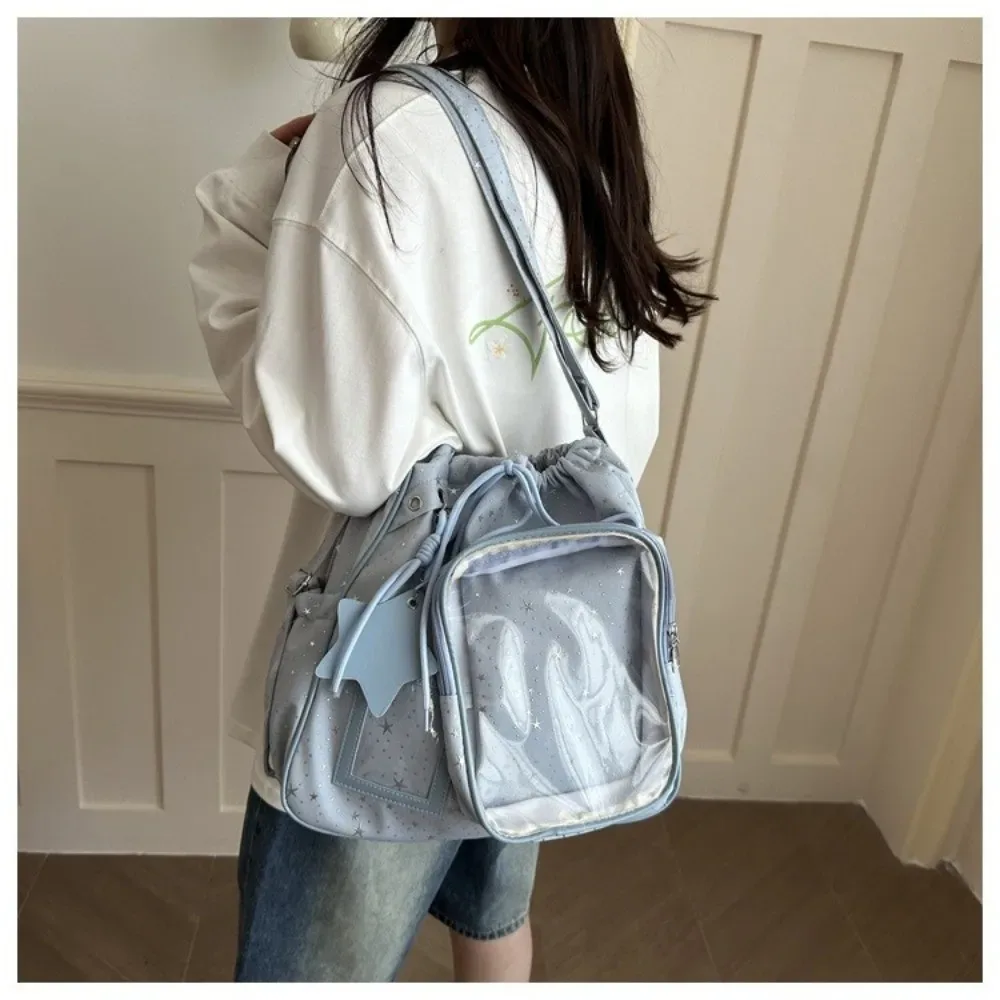 sac à dos étudiant grande capacité kawaii, imprimé étoiles transparentes, sac à dos à cordon double épaule, sac à dos pentagramme pour collège