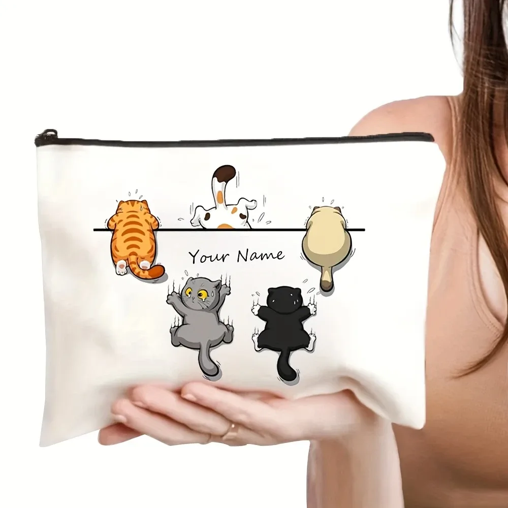 pochette de maquillage personnalisée avec imprimé chat - organisateur de cosmétiques à fermeture éclair avec un adorable motif multi-chats, polyester durable, grande capacité