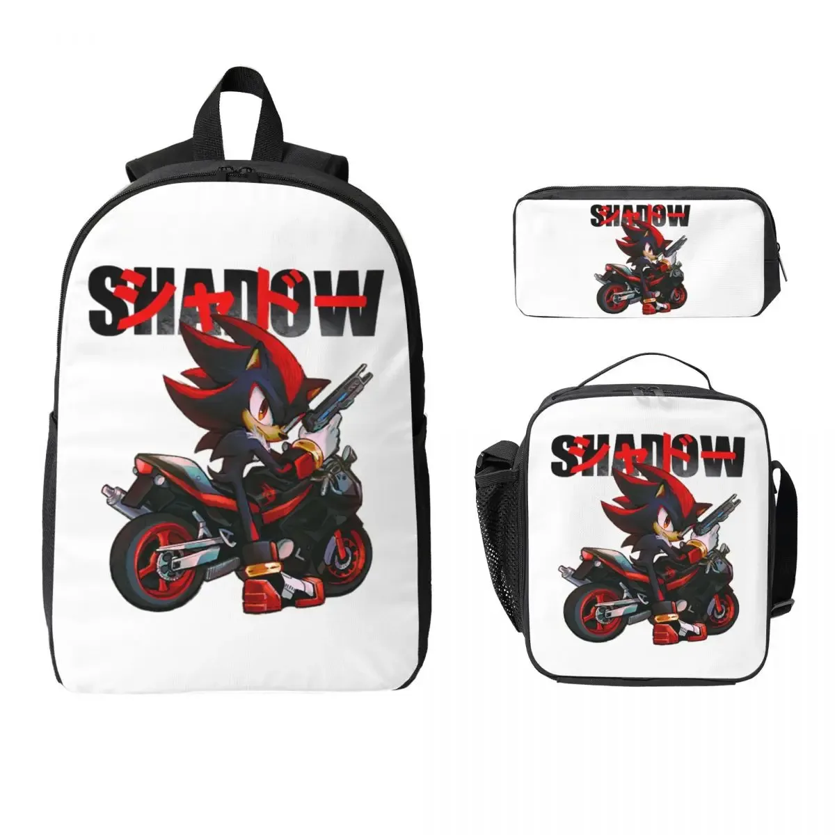 sac à dos shadow the hedgehog pour garçons et filles, sac d'école, sacs à bandoulière pour ordinateur, sac à déjeuner isotherme 3ps, trousse à crayons