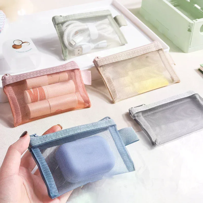 1 pièce nouvelle mini pochette de rangement portable en maille carrée avec fermeture éclair, porte-monnaie de 