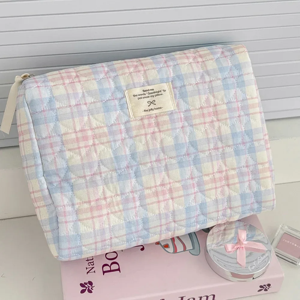 sac à cosmétiques de style coréen, sacs de rangement de voyage à fermeture éclair multi-tailles, sac matelassé de maquillage à carreaux avec nœud rose pour femmes et filles