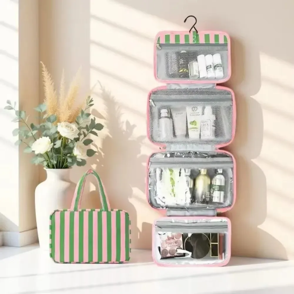 trousse de toilette de voyage suspendue portable rayée avec crochet, sac de maquillage pliable 4 volets grande capacité, organisateur cosmétique de voyage