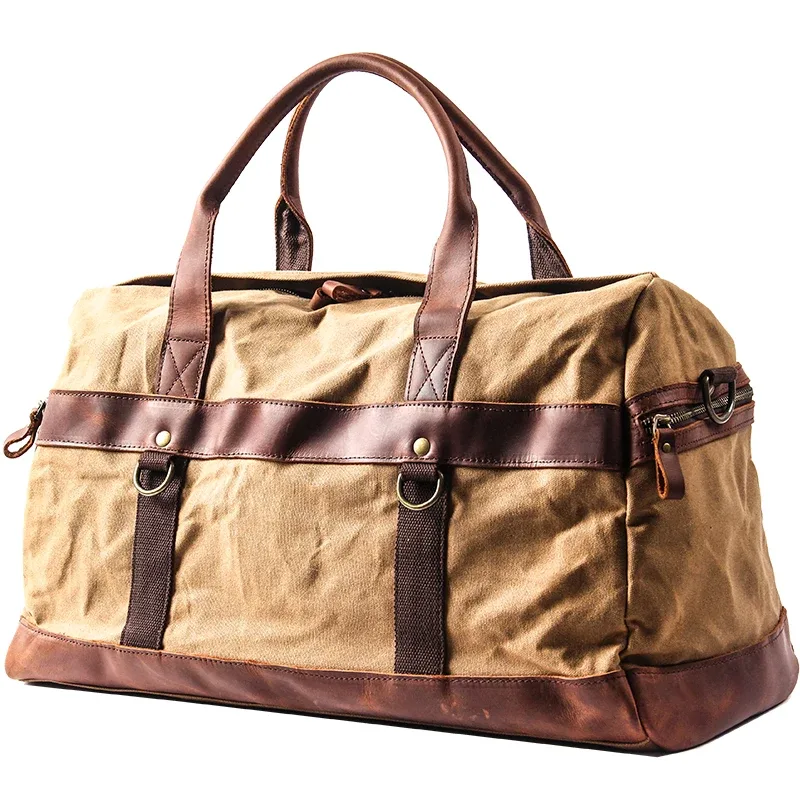 sac de voyage pour homme en toile cirée imperméable et cuir, sac à main, sac de cabine, grand sac fourre-tout vintage, sac de week-end, grand sac de nuit.
