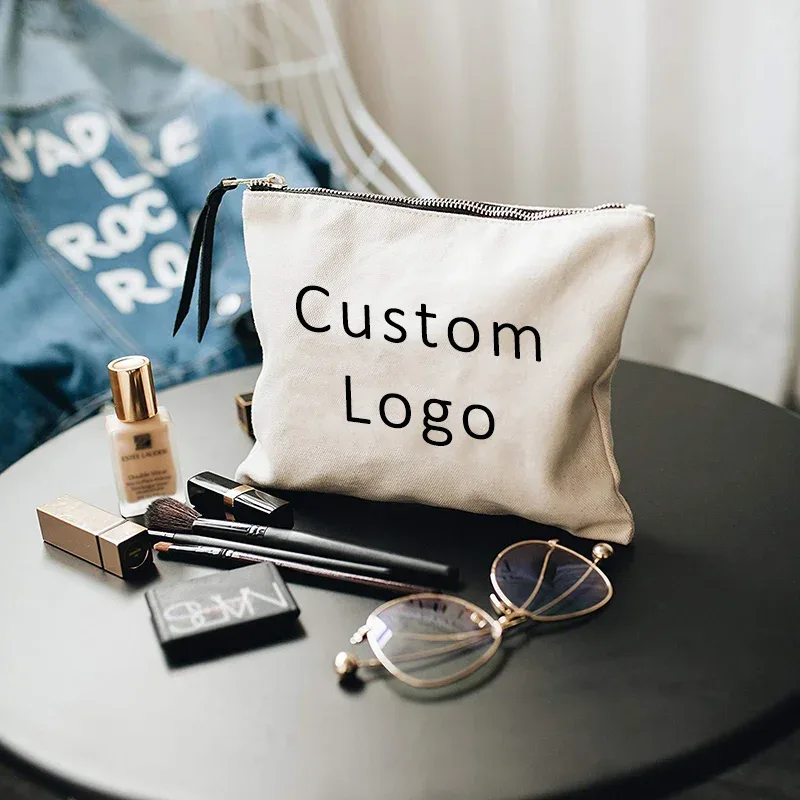 100 pièces petite pochette en coton vierge personnalisée écologique à fermeture éclair sacs de maquillage sac cosmétique de maquillage en toile de coton blanc uni avec logo