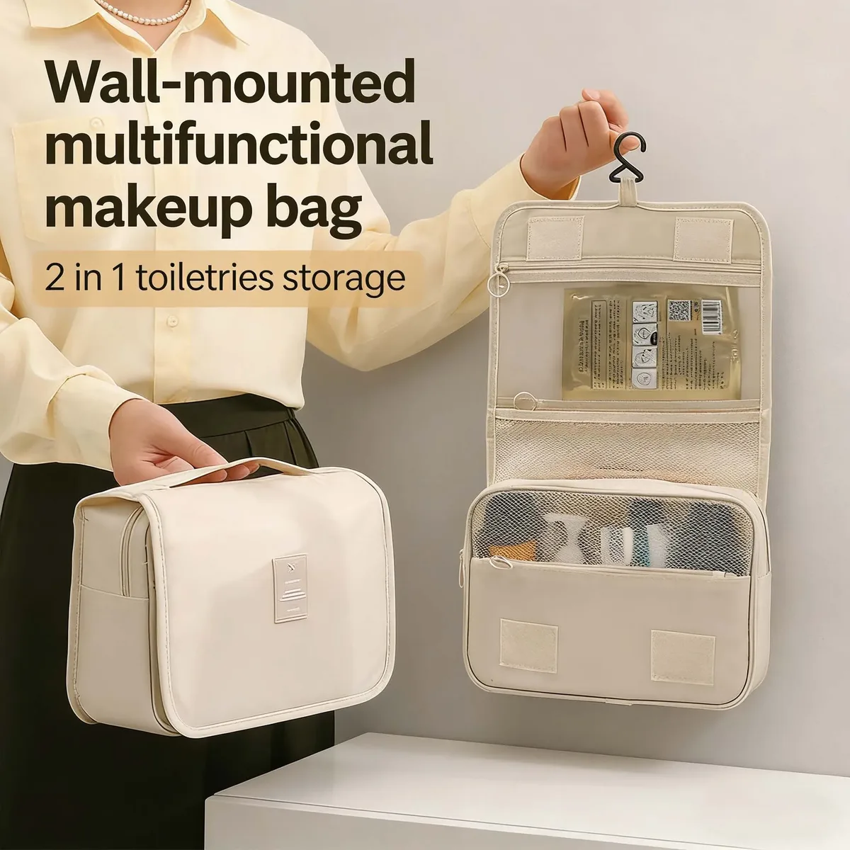 trousse de maquillage de voyage imperméable premium pour femmes – organisateur de toilette suspendu avec crochet, pochette de lavage spacieuse pour salle de bain et compartiment sec/humide