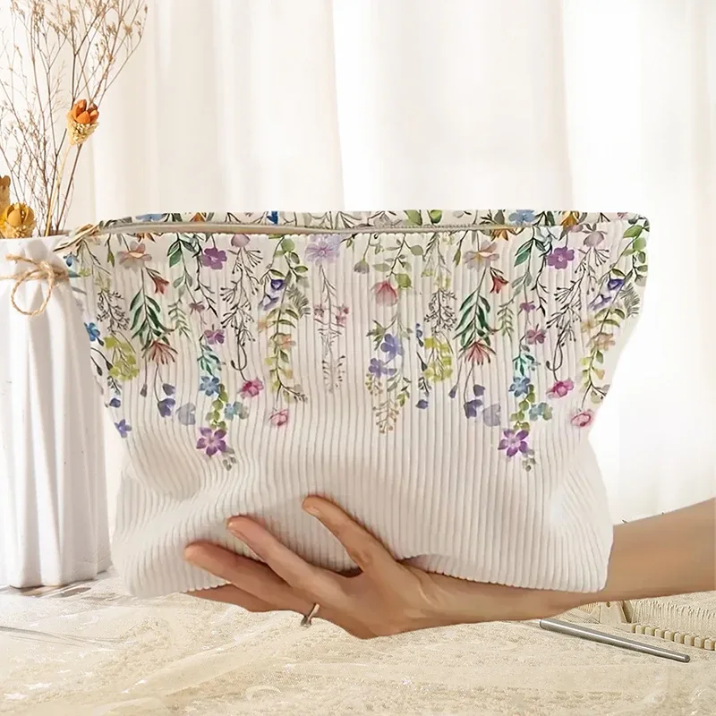 trousse de maquillage florale pour femme, organisateur de maquillage coréen brodé, pochette cosmétique de voyage, trousse de toilette en velours côtelé et toile, étui de beauté