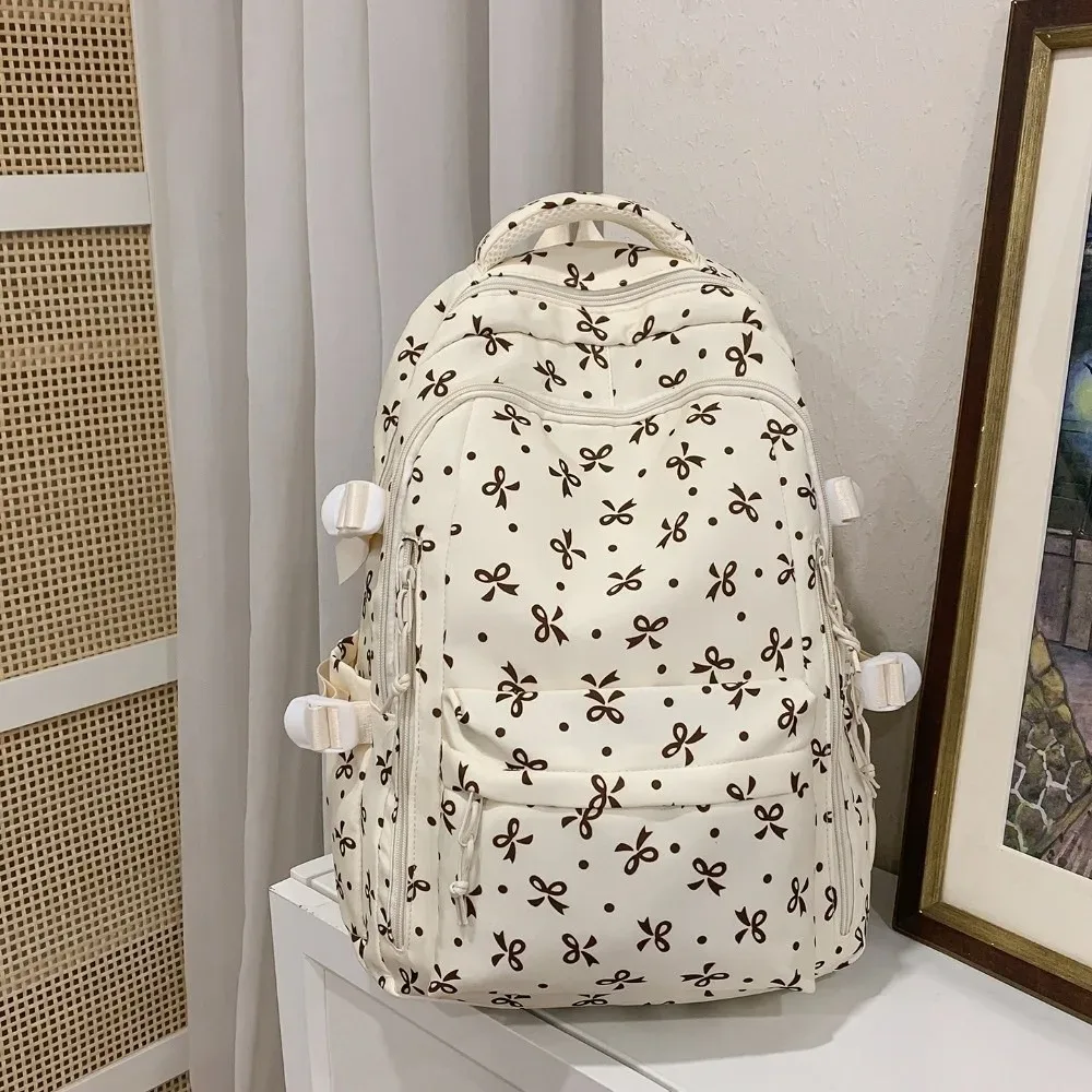 sac à dos grande capacité à imprimé floral, multi-poches, motif nœud épaissi, léger et durable, pour l'école primaire