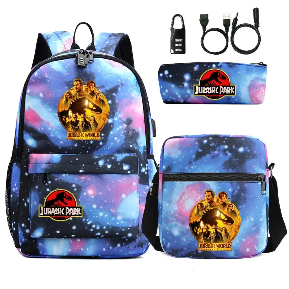 dinosaure jurassic park world 3 pièces usb antivol serrure garçon fille enfants école livre sacs voyage sac à dos sac à bandoulière stylo sac