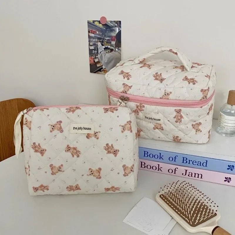 Sac de maquillage en tissu de coton avec nœud mignon pour femmes, organisateur de cosmétiques à fermeture éclair, sac à main en forme de boîte, trousse de toilette Portable pour filles