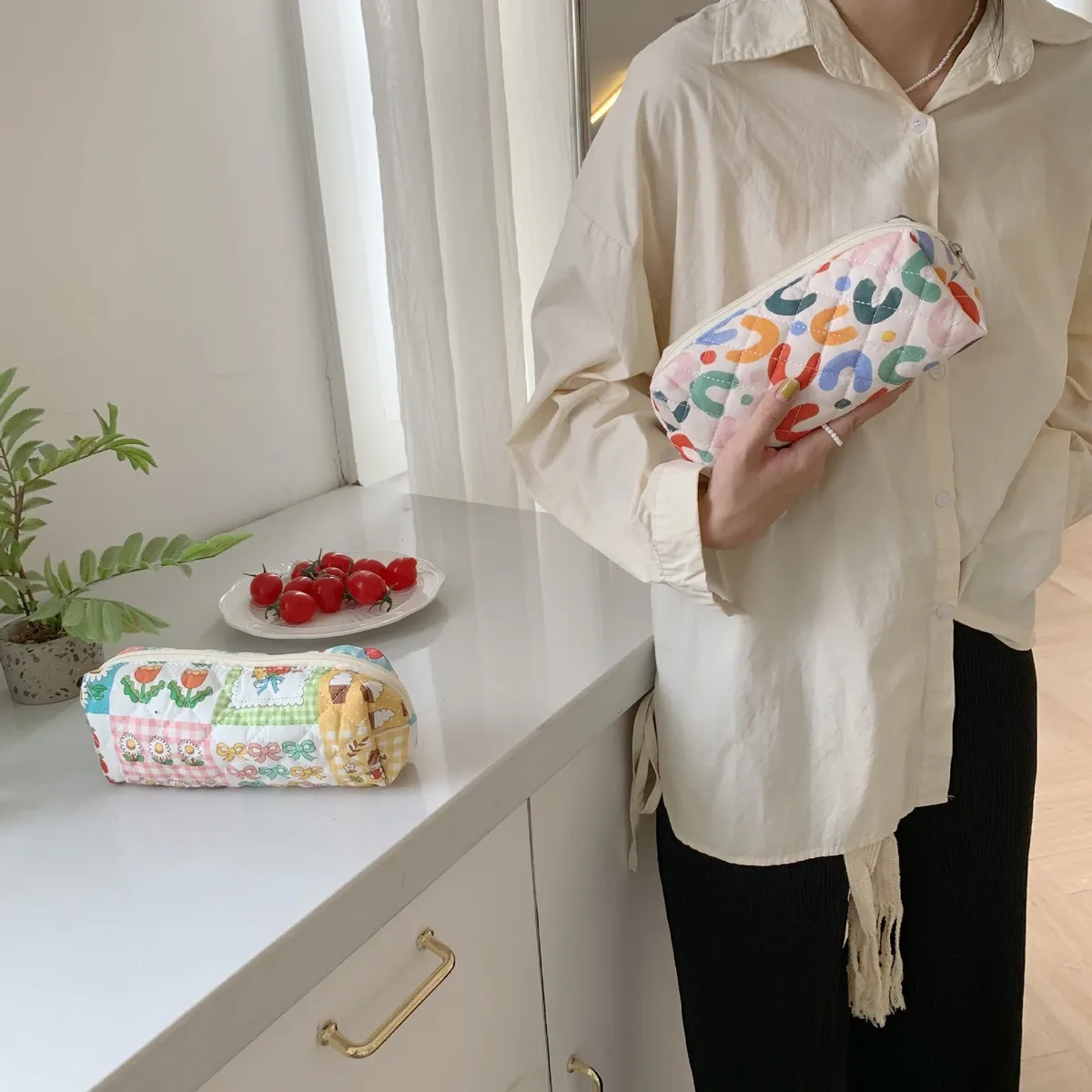 liberty petit sac de maquillage couette coton toile femmes fermeture éclair organisateur cosmétique mignon pochette de maquillage portable trousse de toilette