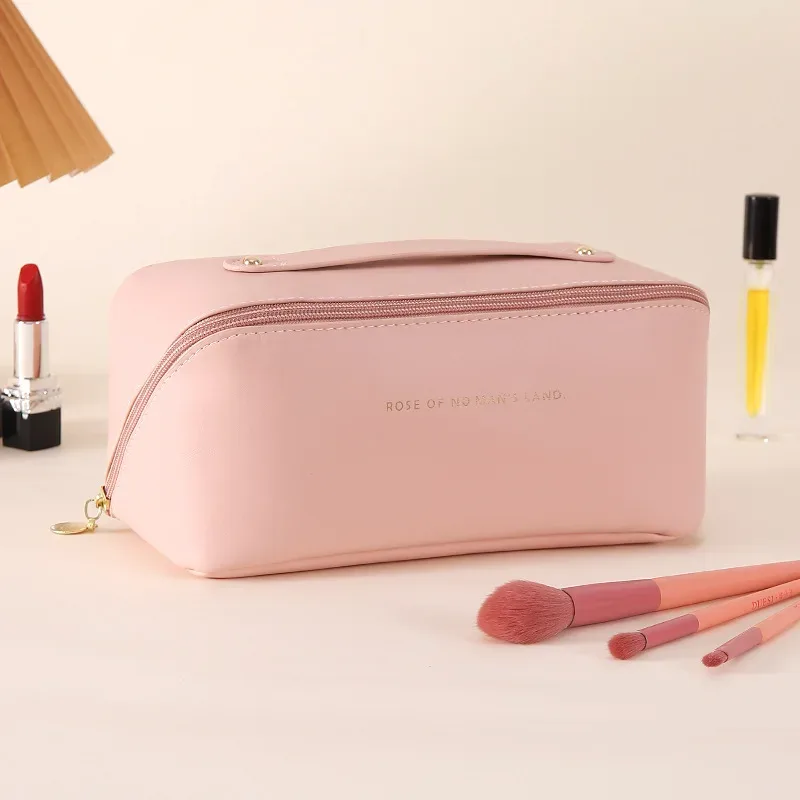 trousse de maquillage de voyage grande capacité, organiseur de cosmétiques extensible avec compartiments zippés pour articles de toilette et accessoires, rose