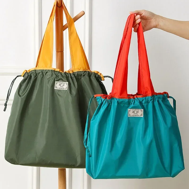 Sacs à bandoulière pliables écologiques, sac d'épicerie réutilisable pour femmes, sac de courses pliable de grande capacité avec fermeture à cordon