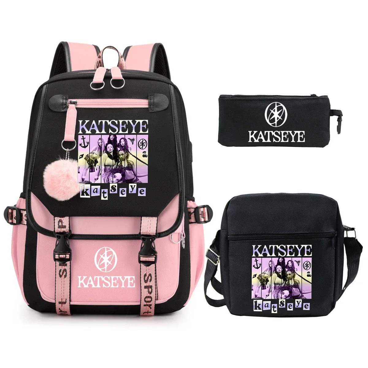 sac à dos katseye pour garçons et filles, ensemble de 3 pièces, sac à bandoulière, trousse à crayons, grande capacité, sac à dos pour étudiants, sac à dos d'extérieur