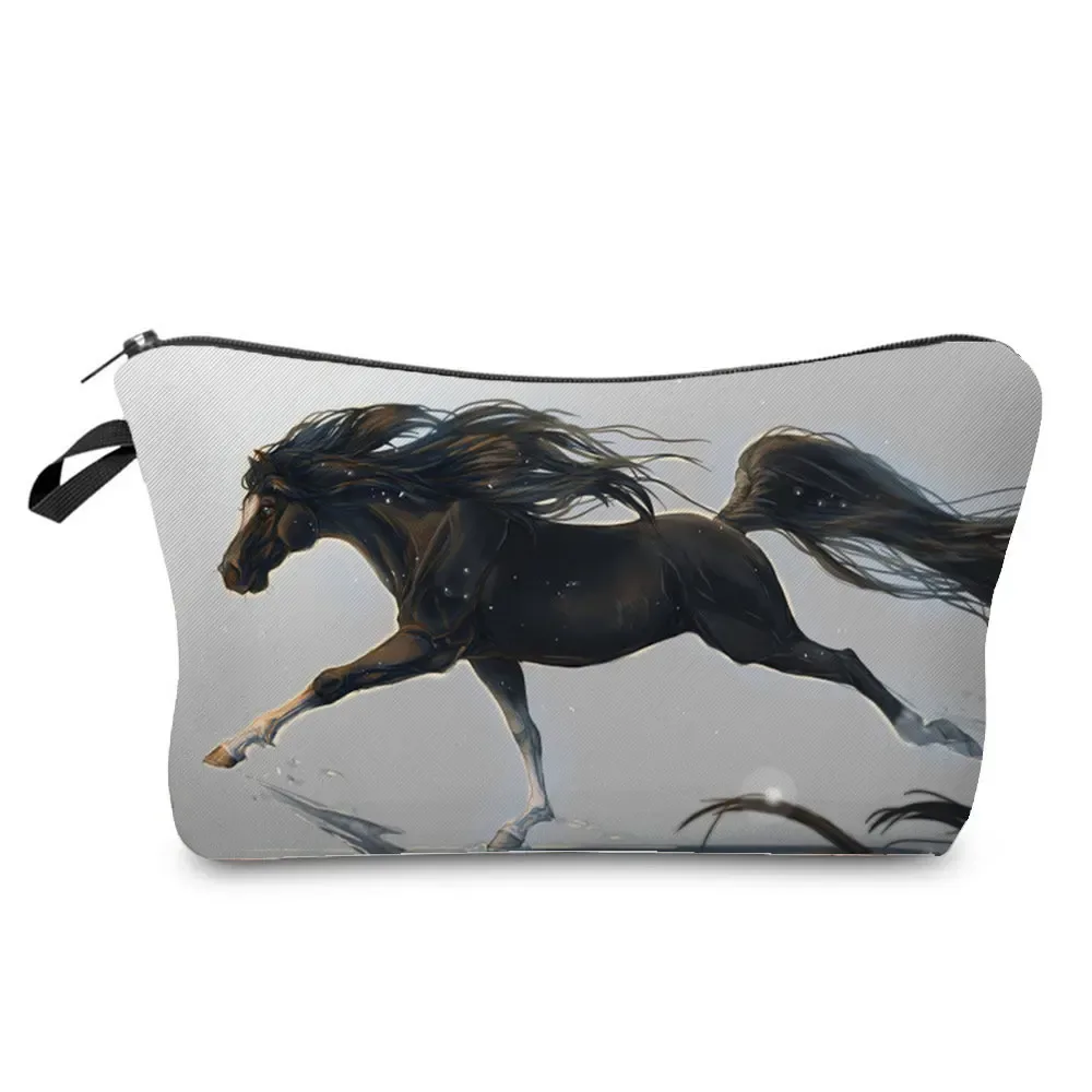 sacs de maquillage imprimés cheval pour femmes, sac à cosmétiques décontracté pour filles, mini trousse de toilette écologique réutilisable de voyage, trousse à crayons pour étudiants