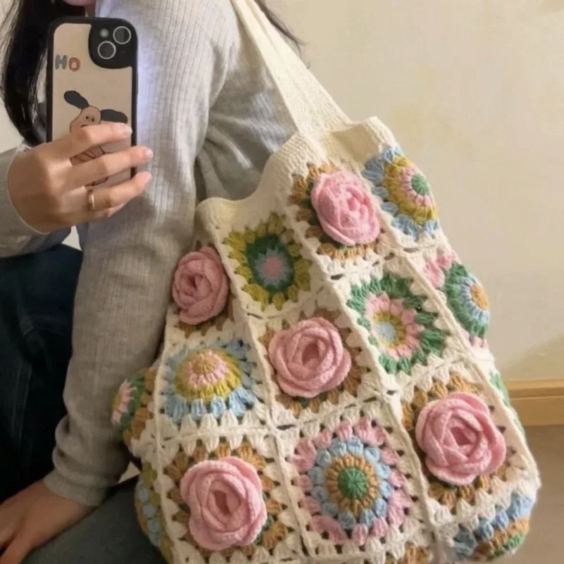 kit de matériel de sac à bandoulière carré, kit de bricolage au crochet, sac à main tissé pour femmes et adolescentes, cadeau pour anniversaire romantique