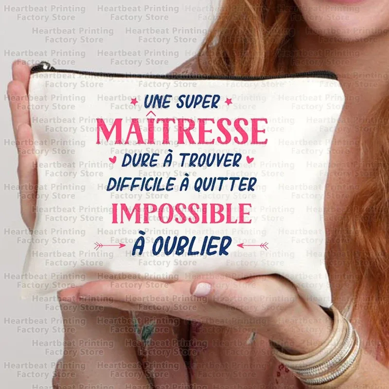 sac à cosmétiques de voyage imprimé français merci maîtresse, sac à rouge à lèvres, trousse à crayons, pochette pour femmes, cadeau de rentrée scolaire