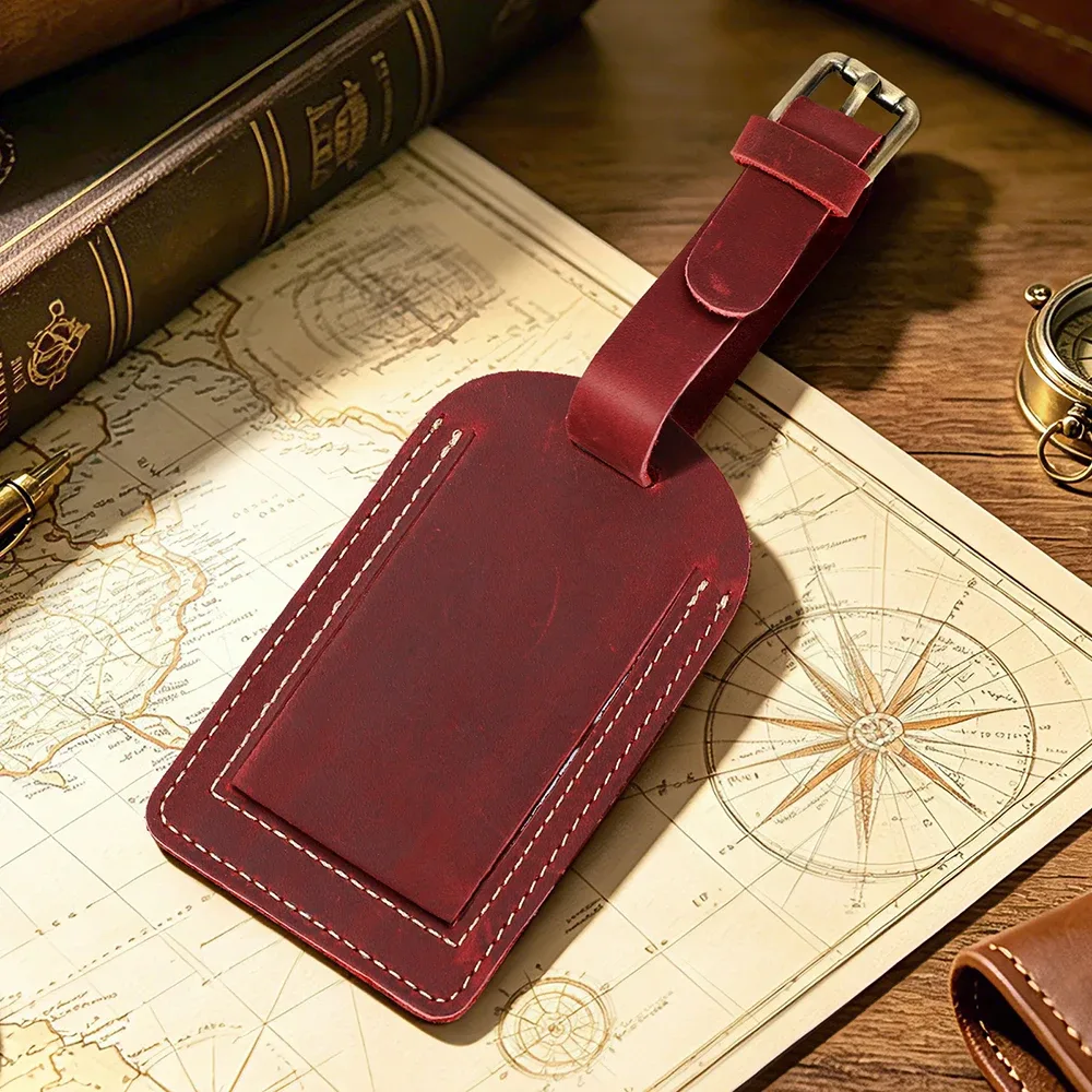 étiquette de bagage vintage en cuir véritable crazy horse avec cache de confidentialité, étiquette d'identification et d'adresse, sangle réglable, accessoire de voyage pour valise et bagages