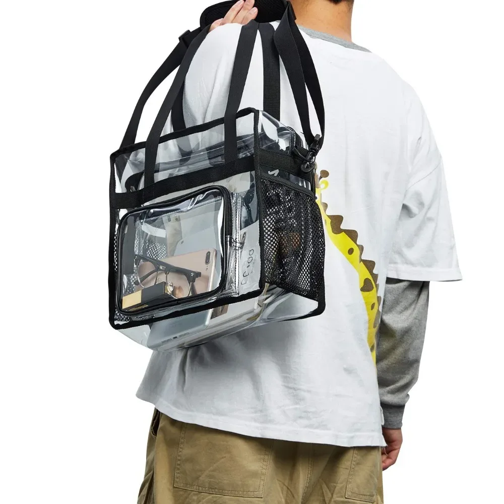 Sac fourre-tout transparent robuste en plastique, bandoulière avec poches zippées, passe facilement la sécurité des stades pour femmes, travail, concerts