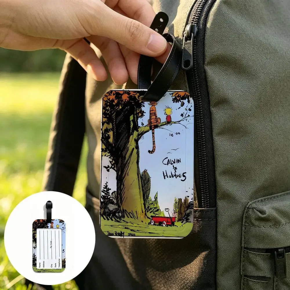 c-calvin-and-hobbes étiquette de bagage anti-perte en pvc durable, nostalgique et de qualité supérieure, avec carte d'information, légère, pour l'identification des bagages