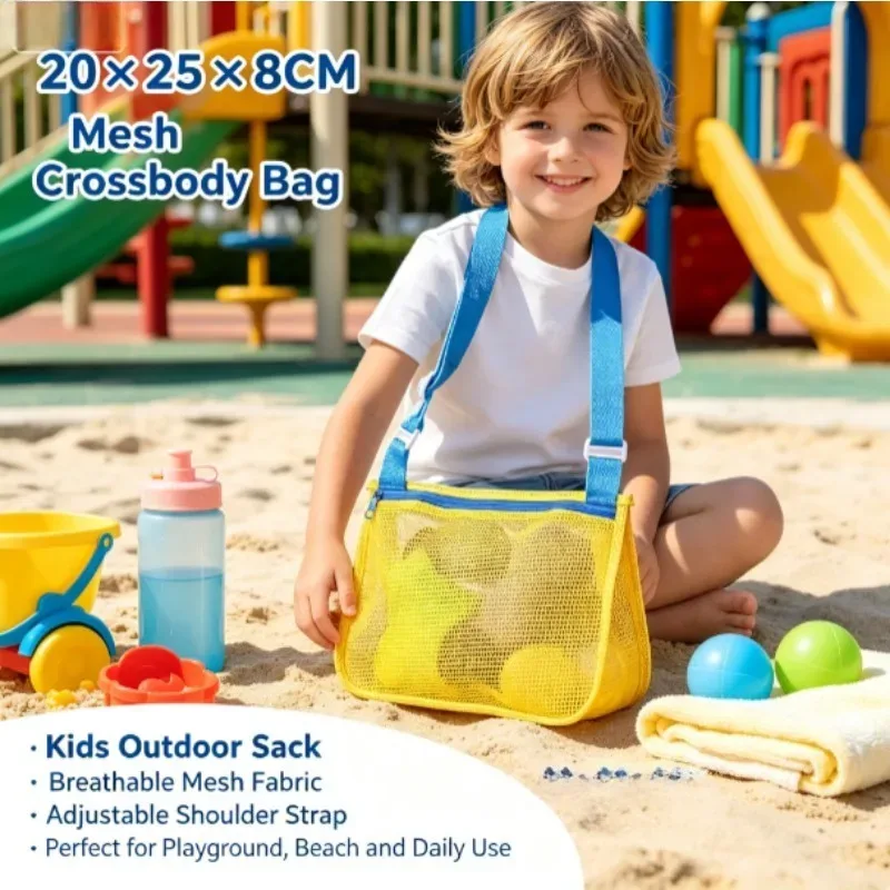 sac de rangement en filet à cordon pour enfants, sac de plage portable en filet, sac organisateur de plage à bandoulière en maille pour enfants