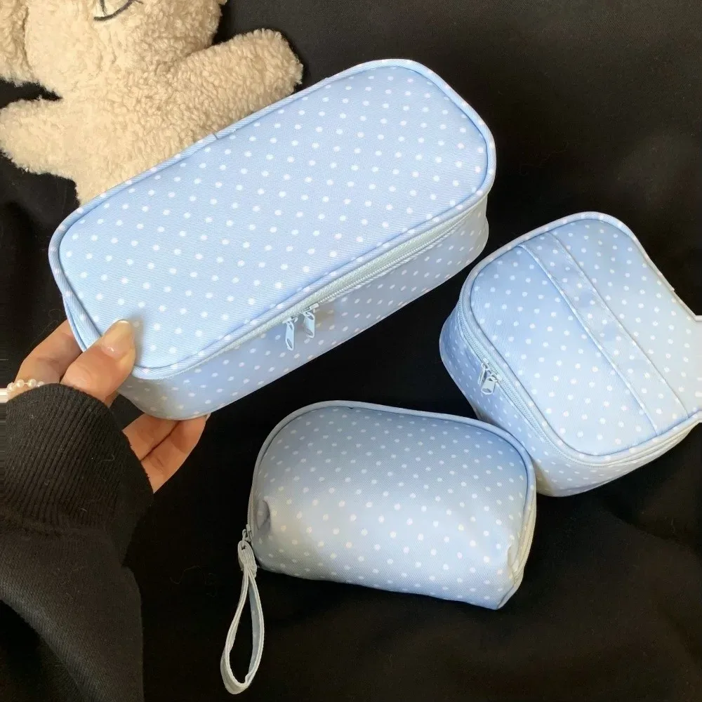 trousse de maquillage mignonne en polyester à pois bleu clair, pochette cosmétique multi-tailles à fermeture éclair, sac de voyage à carreaux pour articles de toilette, sac de rangement portable