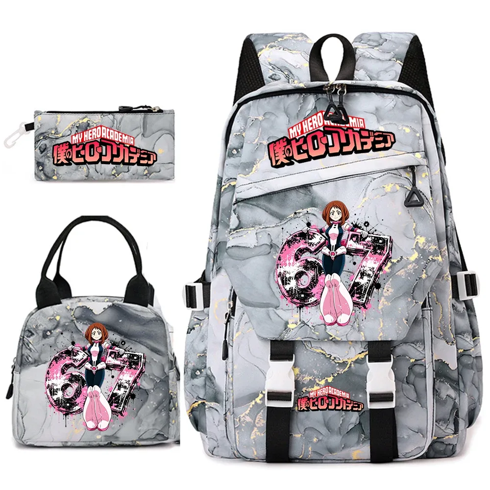 ensemble de sac à dos scolaire imprimé my hero academia ochaco uraraka 67 pour filles, sac à déjeuner, trousse à crayons, sac à dos décontracté