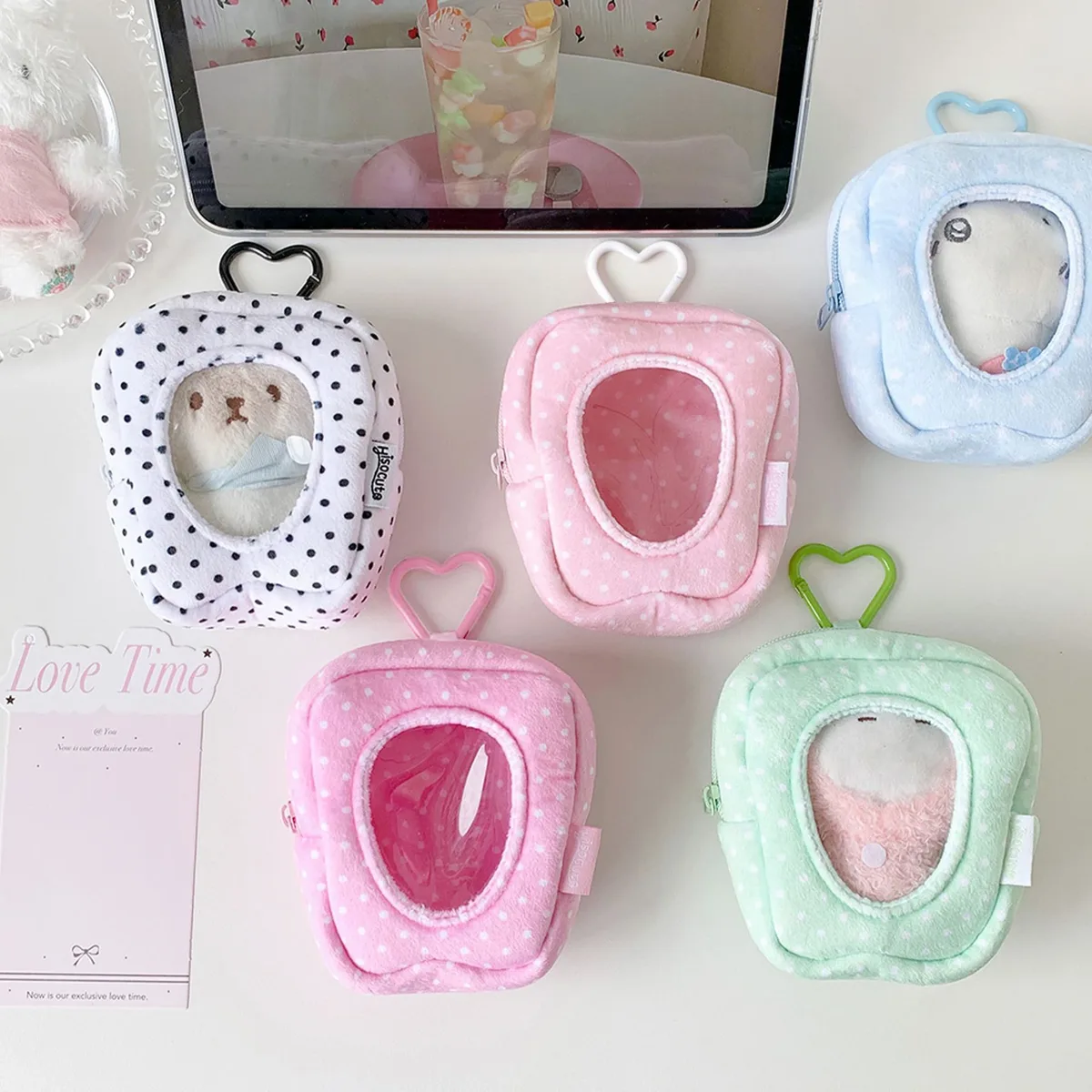 sac de rangement y2k tendance coréenne, couleur unie, à pois, pour poupées, mignon, pour filles, avec bouton cœur pomme, sac de présentation, pendentif décoratif, cadeaux